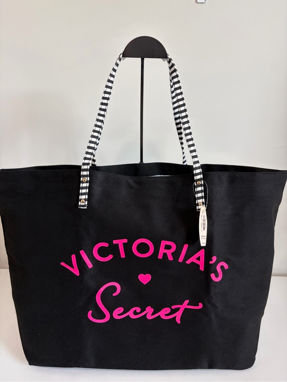 Victoria's Secret Black Tote with Hot Pink Logo and Striped Handles